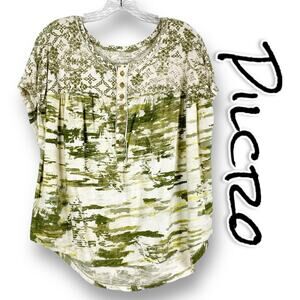 Pilcro Anthroplogie Green Abstract Oversized Top Shirttail Hem Womens Size Med